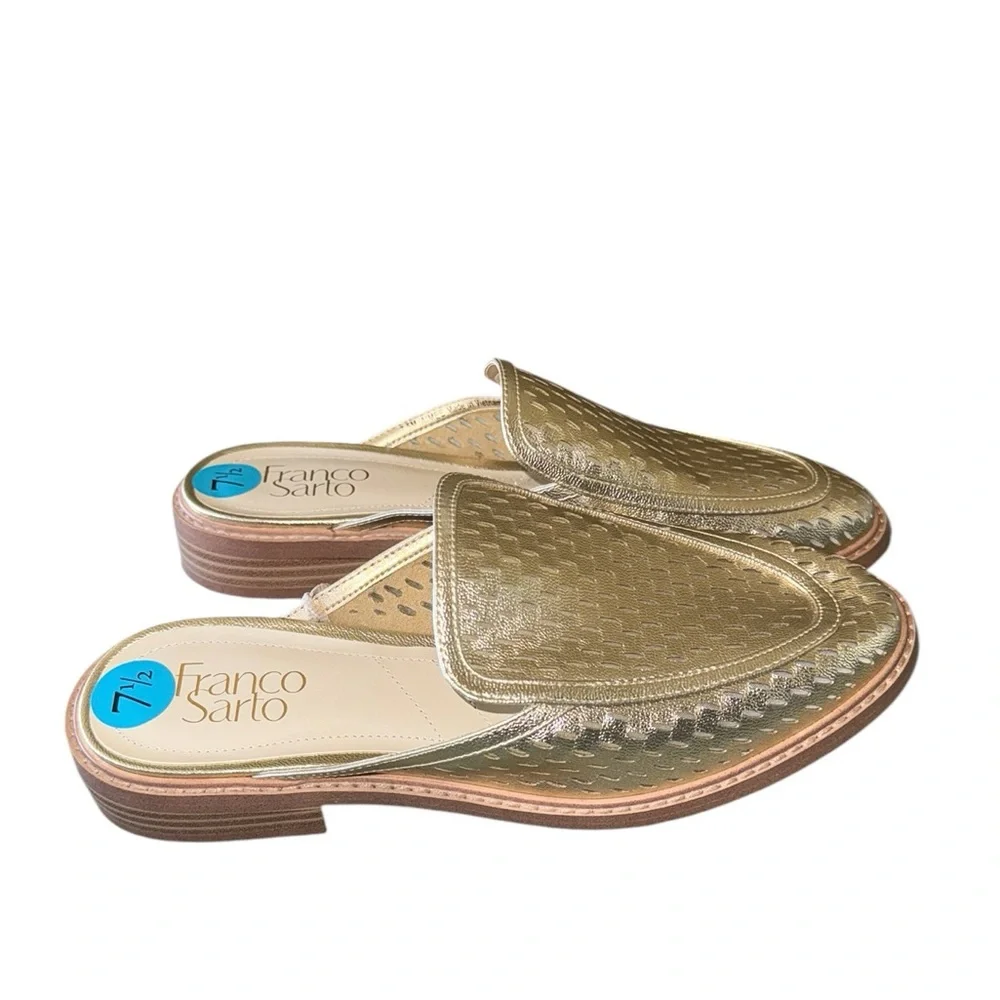 NEW Franco Sarto Aimee Gold Loafer Mule Slip On Eyelet Detail Comfort 7.5